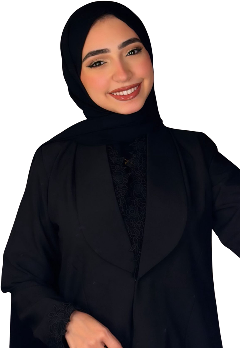Sara AbuSadeh smiling, wearing a black abaya and hijab